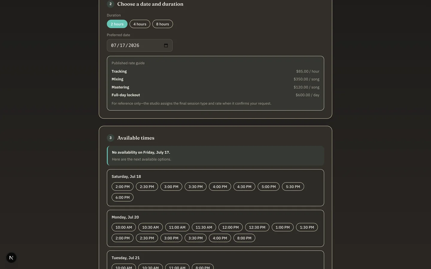 The public booking page for a song.tools studio: duration chips for 2, 4, and 8 hours, a date picker, a published rate guide listing tracking, mixing, mastering, and full-day lockout rates, and day-grouped available time slots.