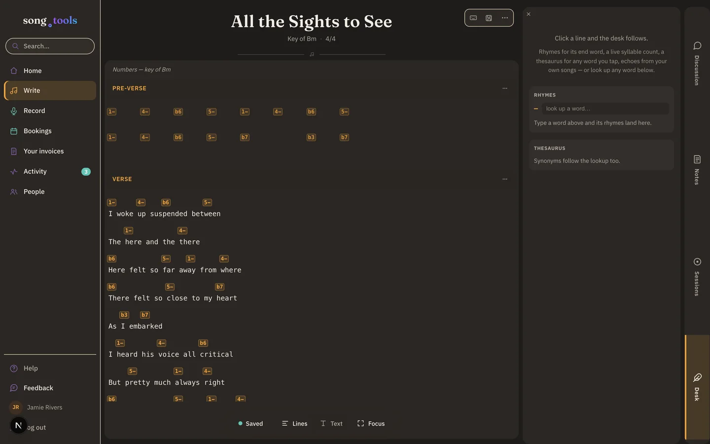 A song.tools chart converted to Nashville numbers: “All the Sights to See” in the key of Bm with number chips like 1-, 4-, b6, and 5- above each lyric line, under a “Numbers — key of Bm” banner.