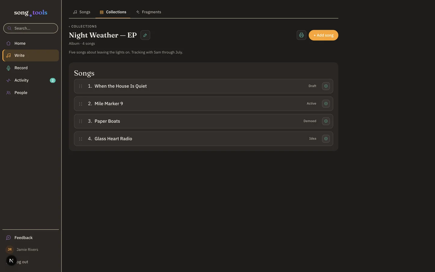 A song.tools collection called “Night Weather — EP” holding four songs in running order, with its description and sharing controls.