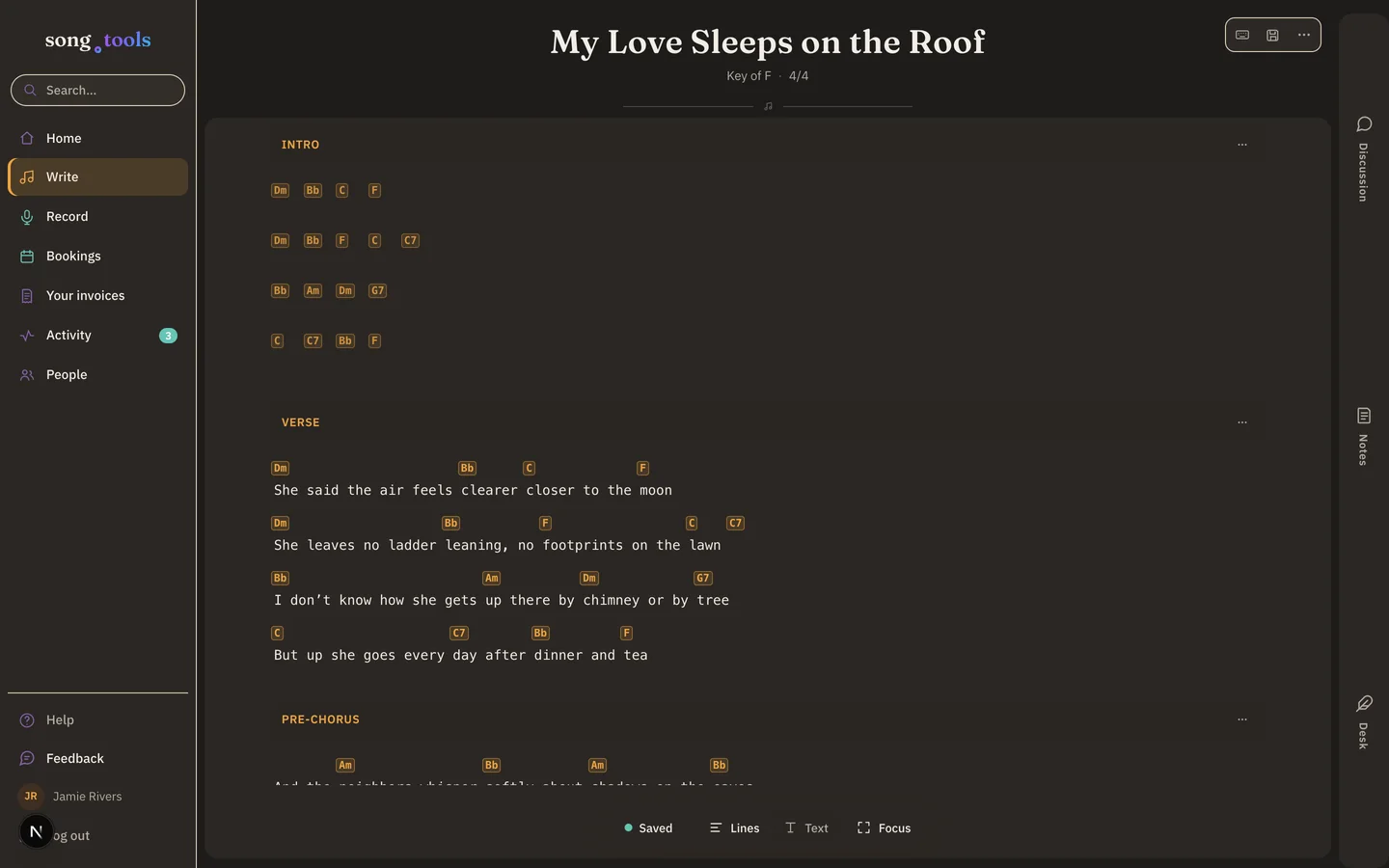 The song.tools editor in Lines view: the song “My Love Sleeps on the Roof” in the key of F, charted in Intro, Verse, and Pre-Chorus sections with chord chips like Dm, Bb, C, and F placed above each lyric line.
