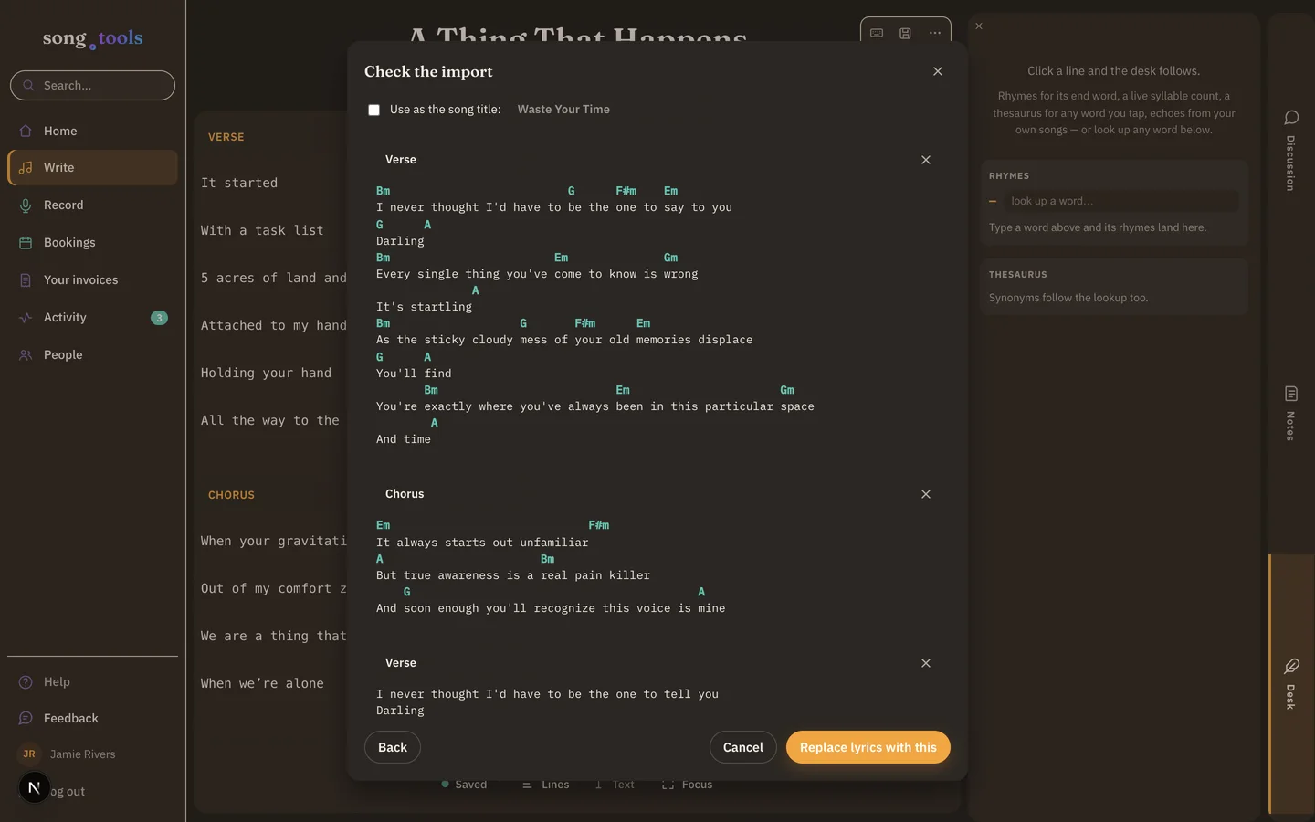 The “Check the import” preview in song.tools after pasting the song “Waste Your Time”: its sections detected and editable, chords recognized above the lyric lines, with Back, Cancel, and Add-to-song buttons.