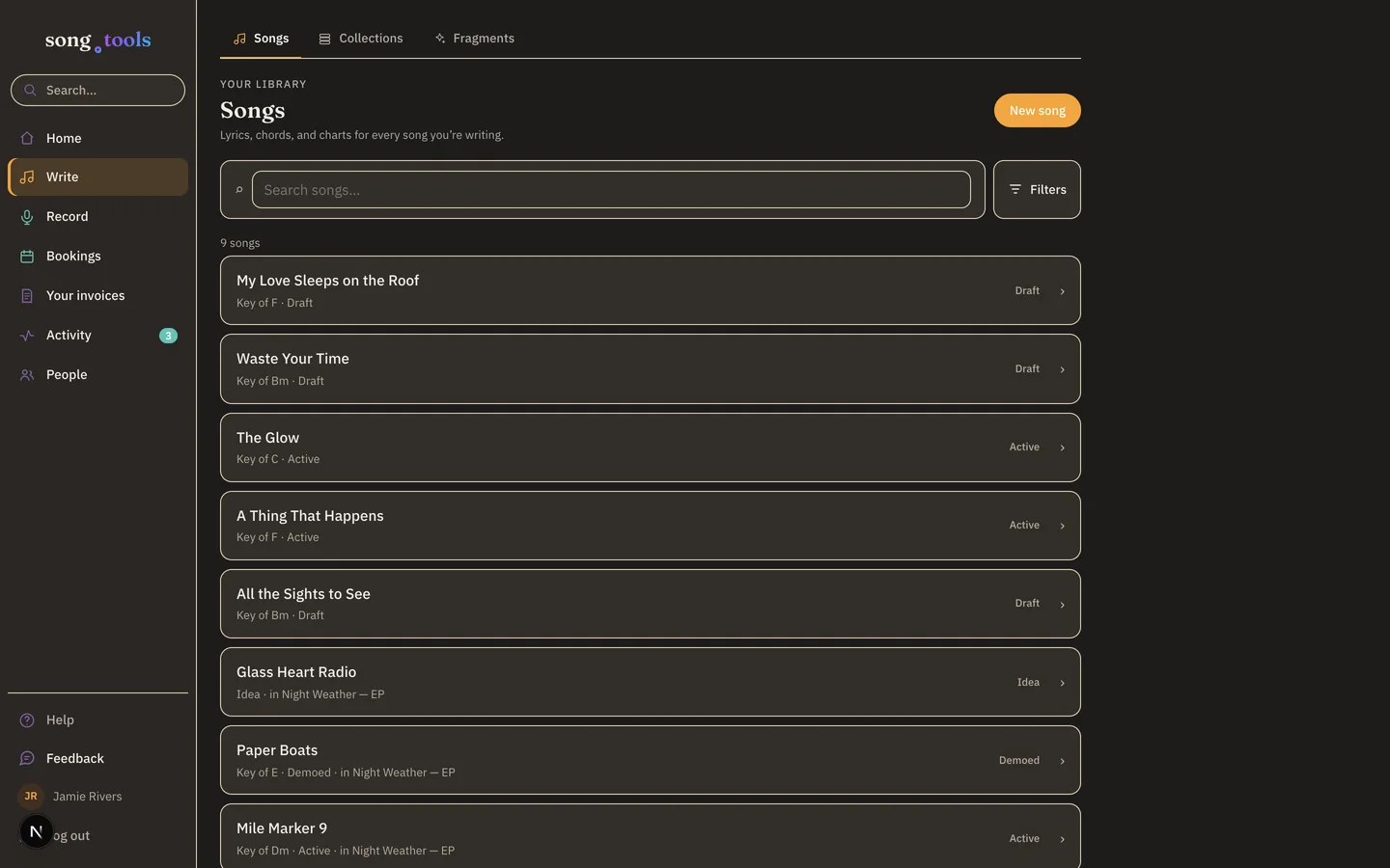The song.tools Library: a songs list including “My Love Sleeps on the Roof,” “All the Sights to See,” “Waste Your Time,” “The Glow,” and “A Thing That Happens,” each with key and status chips.