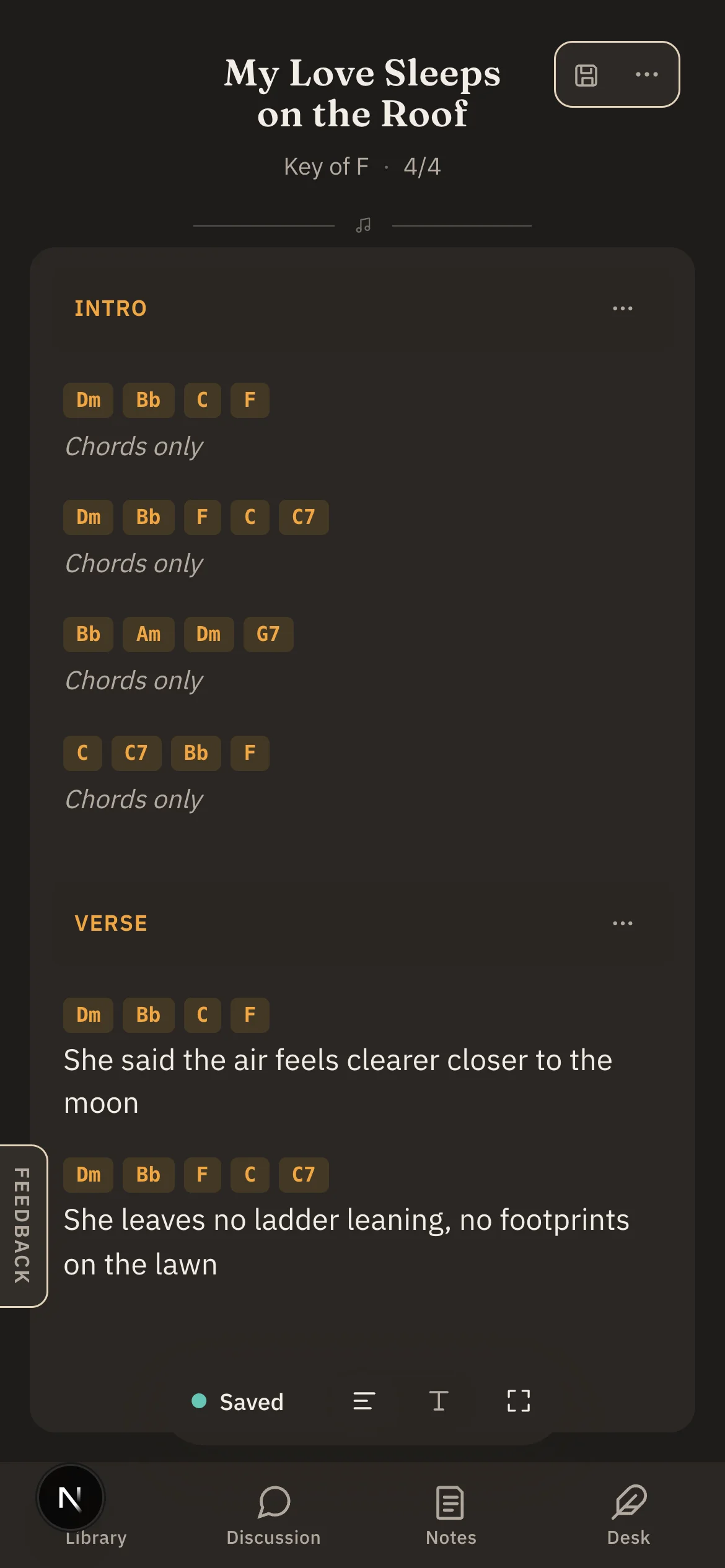 song.tools on a phone: the Lines editor showing “My Love Sleeps on the Roof” with chord chips above the lyrics.