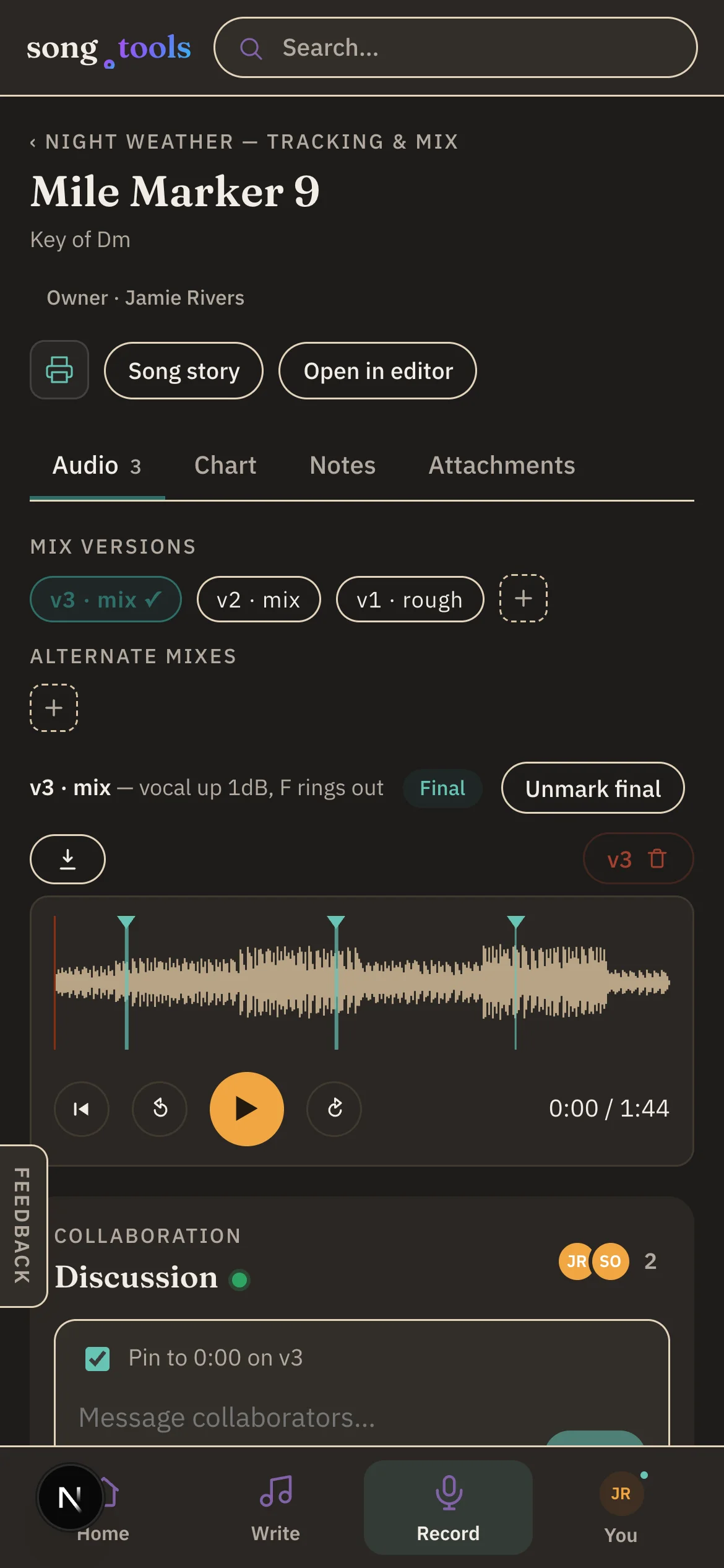 song.tools on a phone: reviewing “Mile Marker 9” mix v3 with the waveform and time-coded comments.