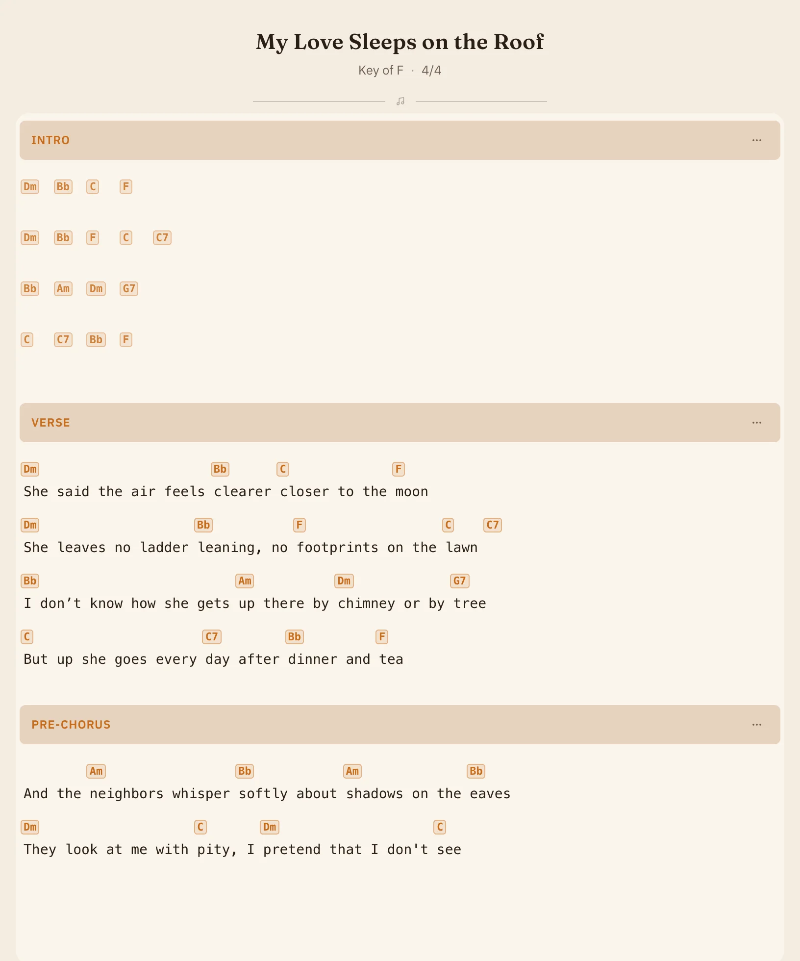 The printable chart for “My Love Sleeps on the Roof” — a clean paper page with the title, key of F, and Intro, Verse, and Pre-Chorus sections with chords above the lyrics.