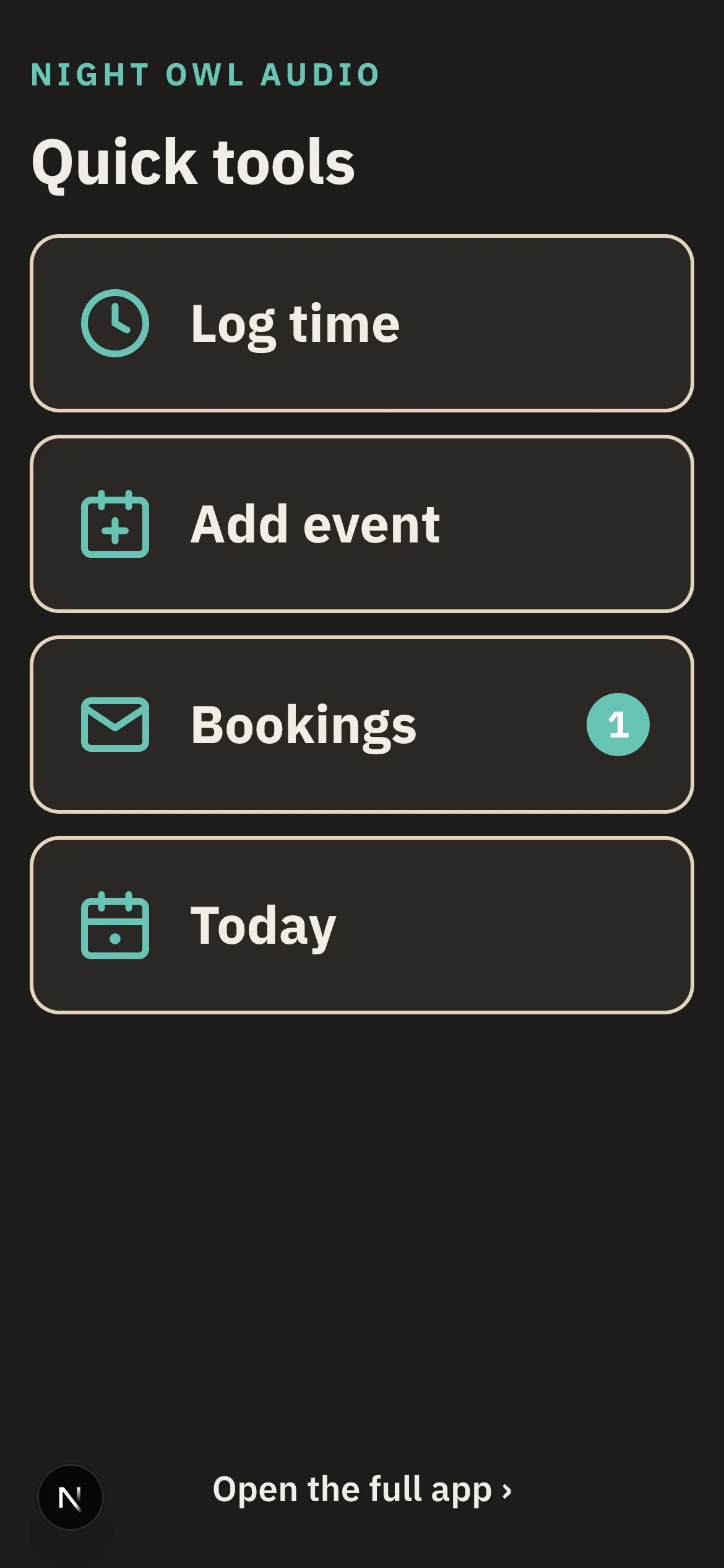 The song.tools quick-tools hub on a phone: full-width tiles for Log time, Add event, Bookings with a pending-request badge, and Today.