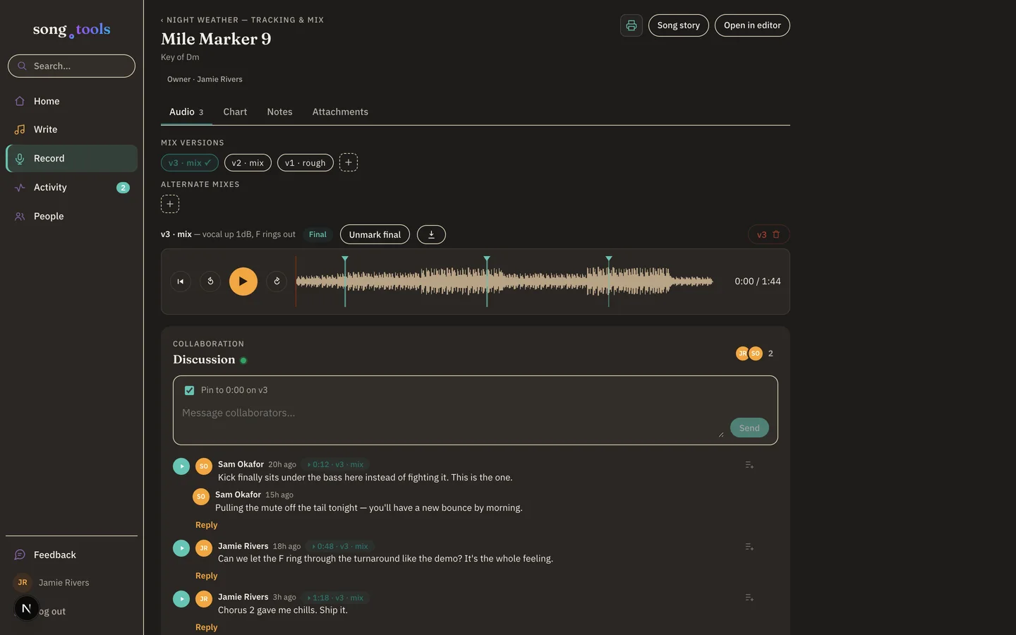 A session in song.tools reviewing “Mile Marker 9” mix v3: version chips for v1 rough, v2 mix, and v3 mix marked final, a waveform with comment pins, and a discussion where artist and engineer comments carry timestamps like 0:12 and 1:18.