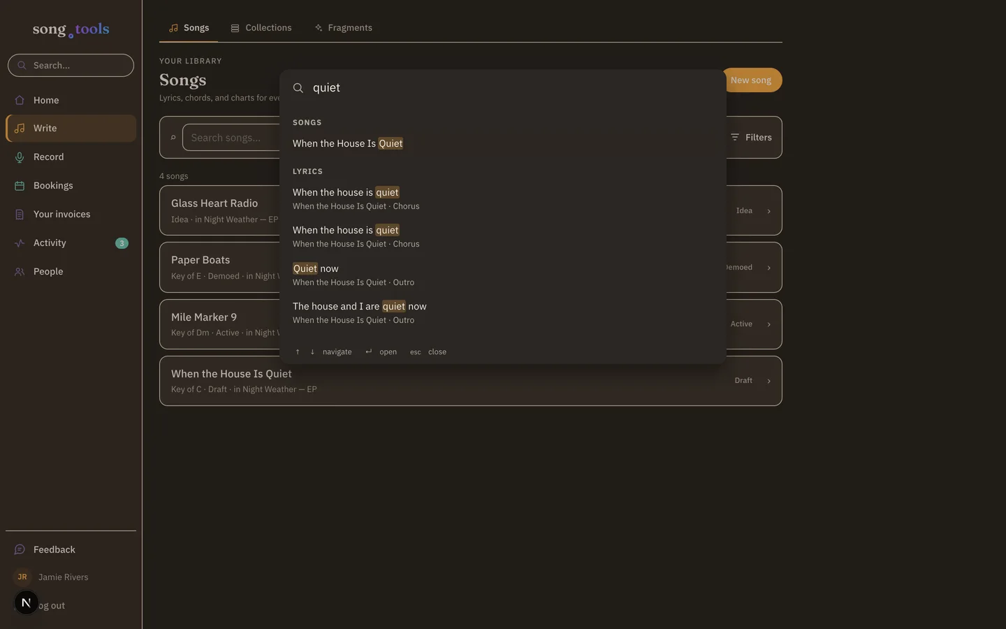 The song.tools global search overlay open over the library, searching “quiet”: results grouped into Songs and Lyrics with the matching word highlighted in lines like “When the house is quiet” and “Quiet now,” each labeled with its song and section.