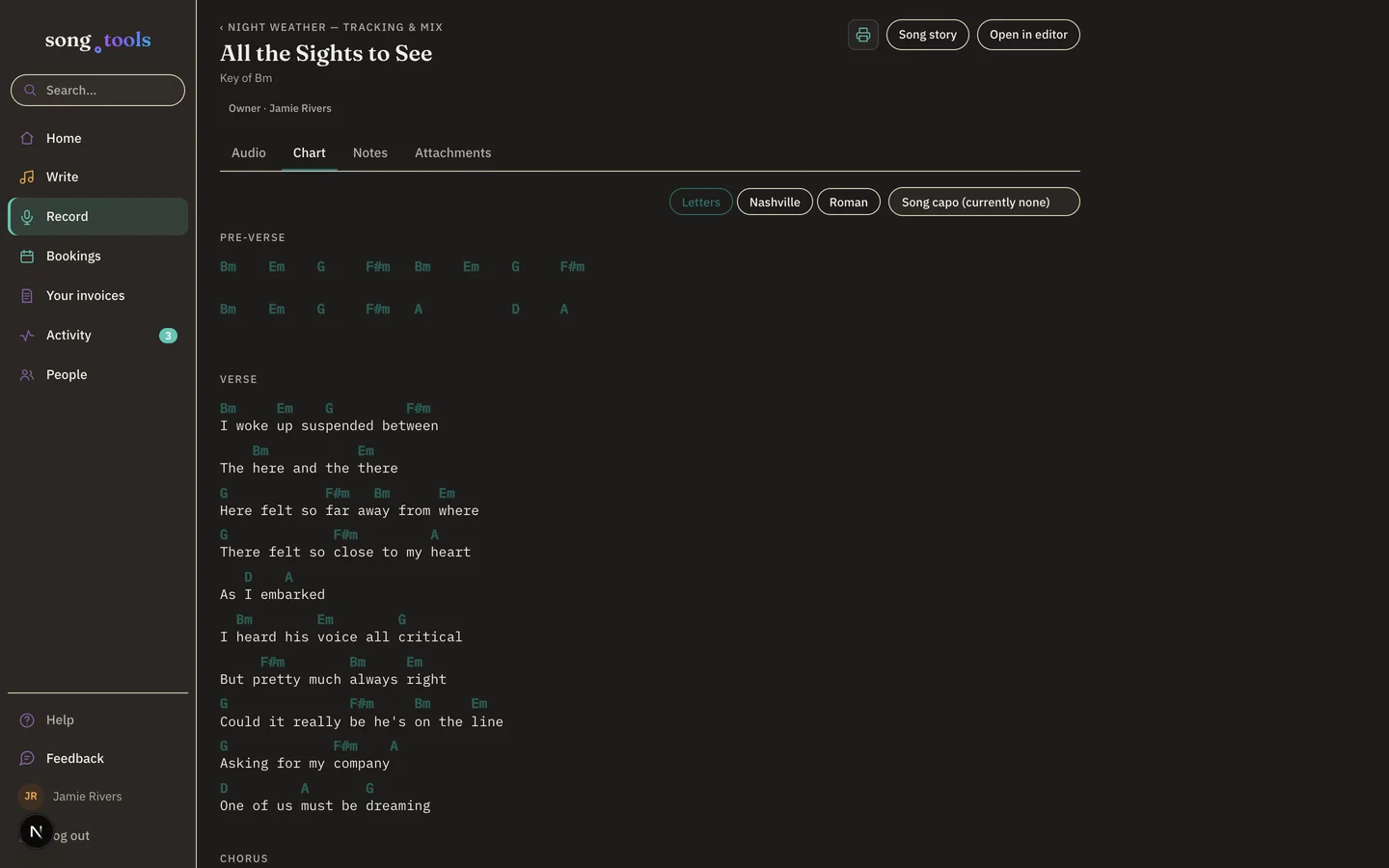 The Chart tab of a song inside a song.tools session: “All the Sights to See” with chords over lyrics, a Letters / Nashville / Roman notation toggle, a song-capo control, and a print button — the view a session musician gets.