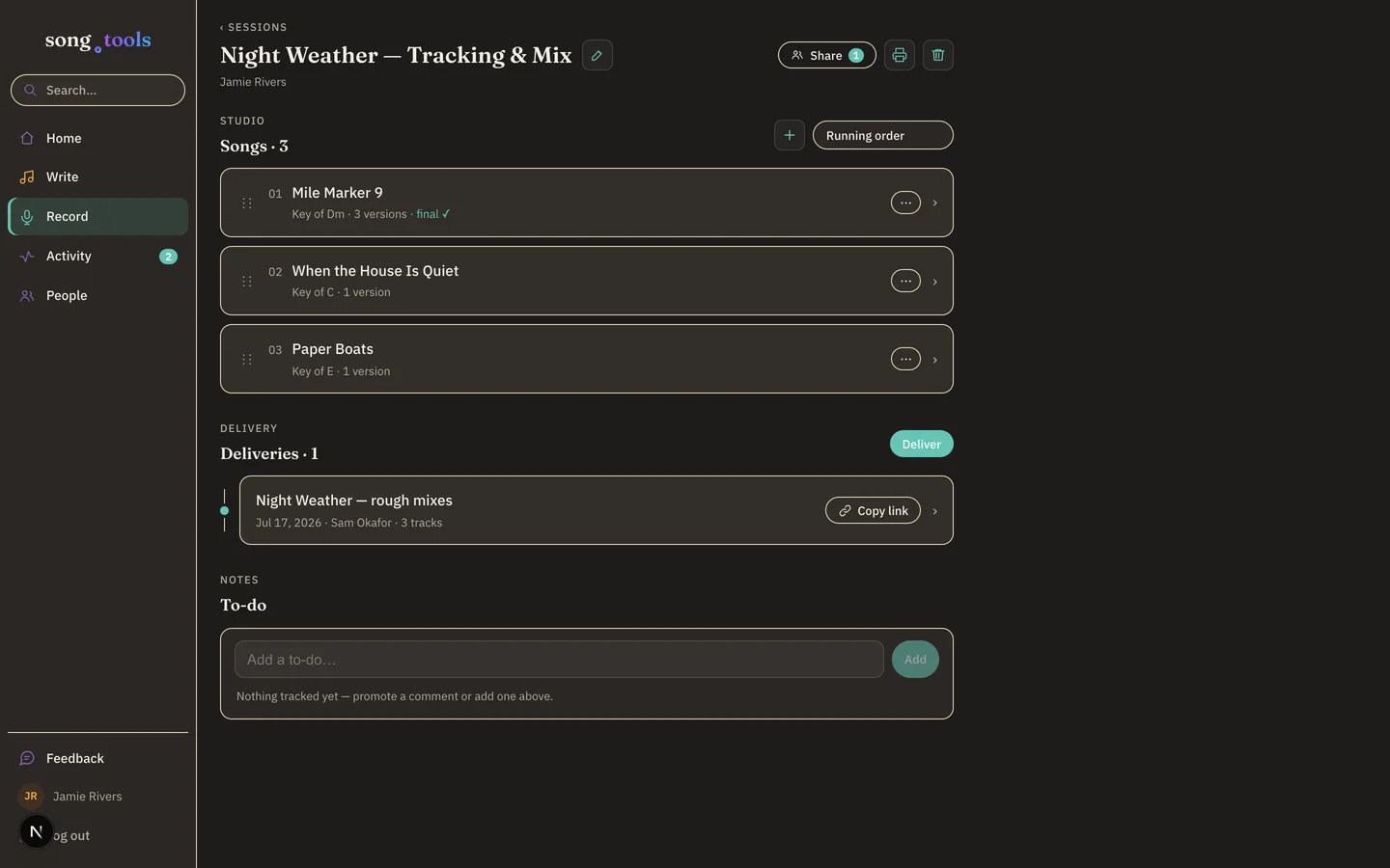A song.tools session called “Night Weather — Tracking & Mix”: three songs in running order with version counts and a final-version check, a deliveries list, and a to-do section.