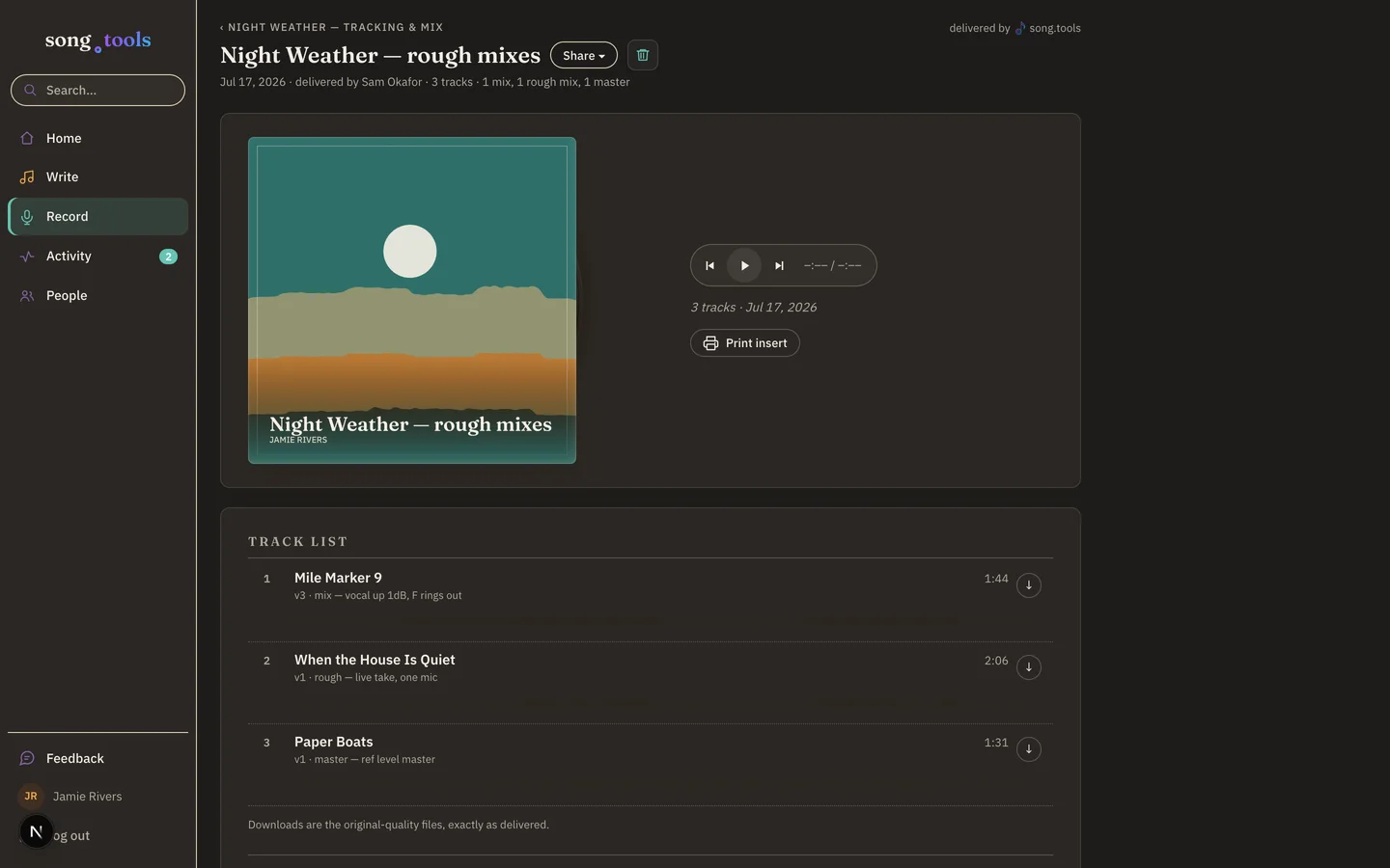 A song.tools delivery page: an album jacket for “Night Weather — rough mixes” beside the player, above a three-track list with durations and per-track download buttons.