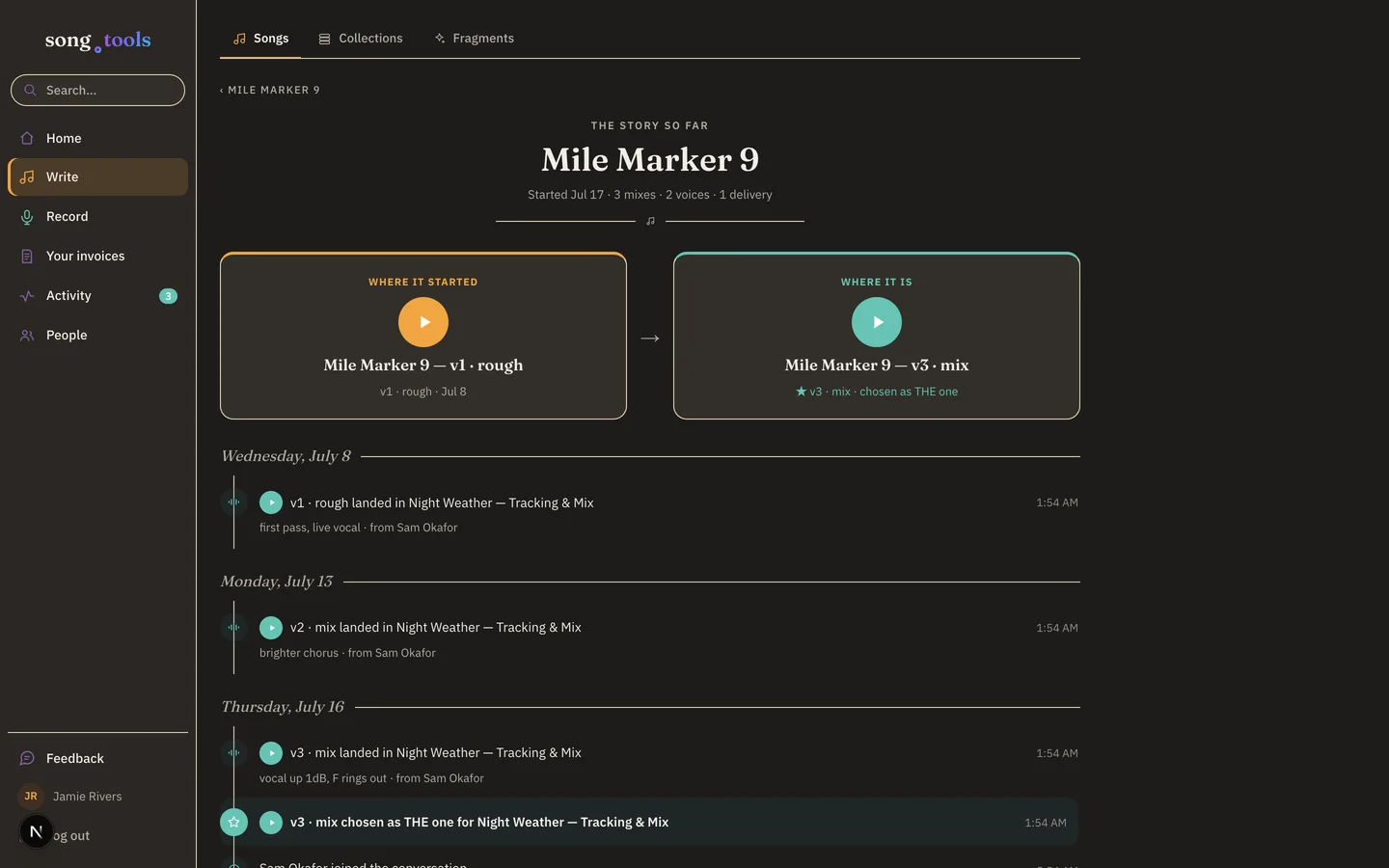 The story page for “Mile Marker 9” in song.tools: playable “Where it started” and “Where it is” cards for v1 rough and v3 mix, above a day-by-day timeline of mixes landing in the session and v3 being chosen as the one.