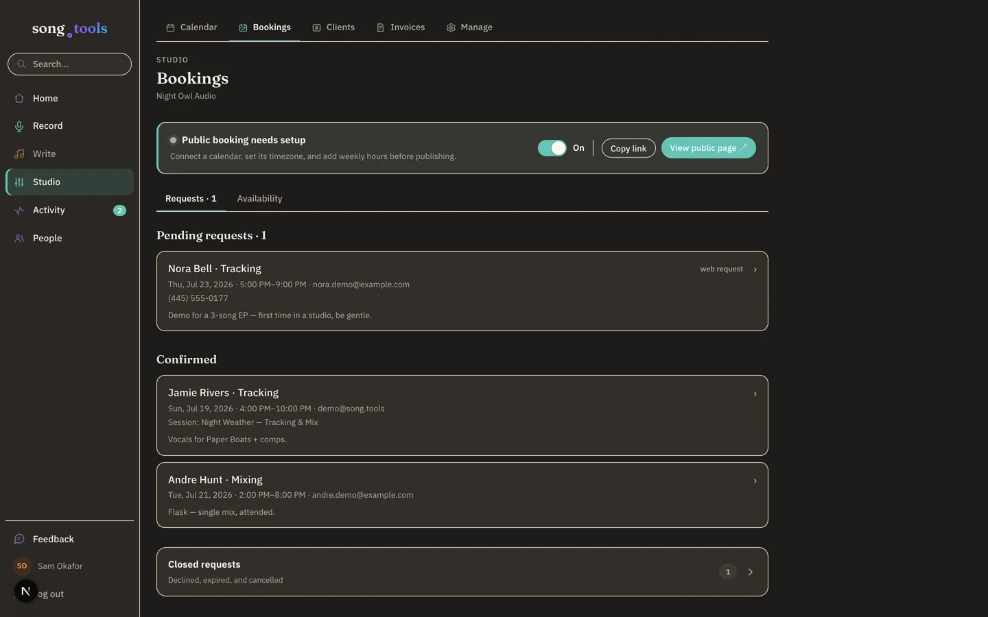 The studio Bookings page in song.tools: a pending web request from a new client with date, time, and note, above confirmed bookings for Jamie Rivers and Andre Hunt, with a public-booking toggle and copy-link button at the top.