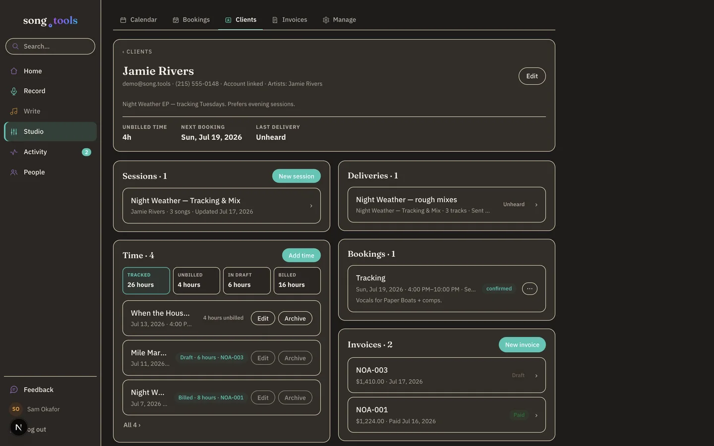 A client page in song.tools for Jamie Rivers: unbilled time, next booking, and last delivery up top; cards for sessions, deliveries, a time ledger with tracked, unbilled, in-draft, and billed hours, bookings, and invoices with paid and draft statuses.