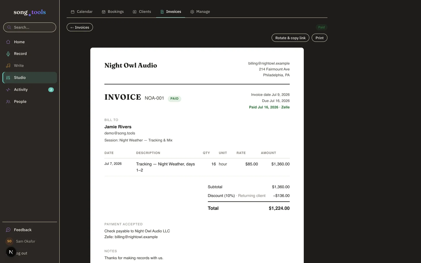 A paid invoice in song.tools: Night Owl Audio invoice NOA-001 billed to Jamie Rivers for 16 hours of tracking, with a 10% returning-client discount, payment instructions, and a Paid badge with date and method.